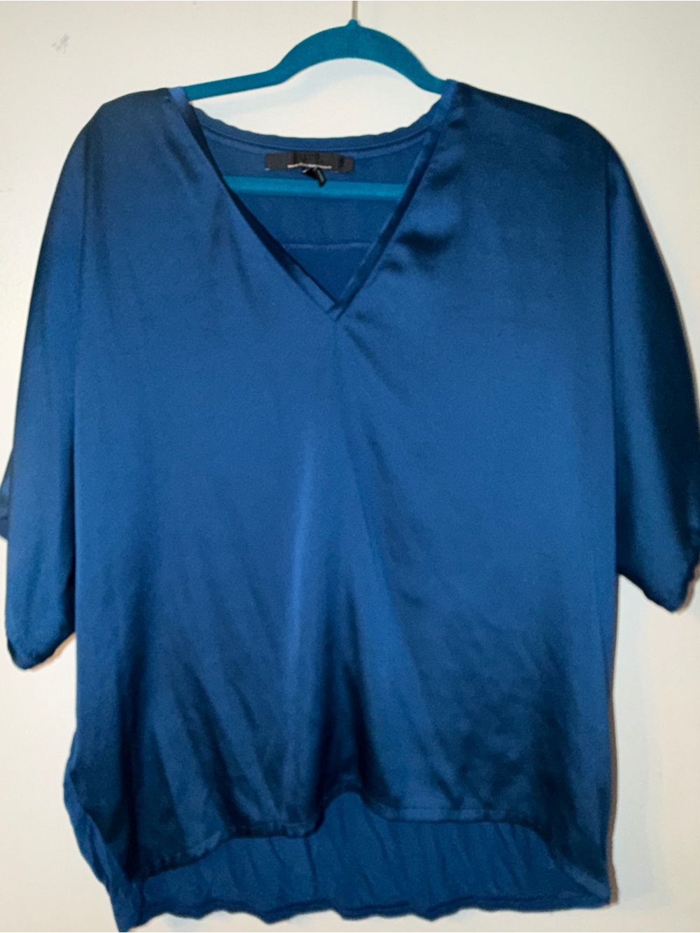 White House Black Market Satin V-Neck Short Sleeve Top - Teal Blue